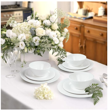Basic White Beaded Melamine Plastic Dinnerware Set — 12 Pieces styled on a set table by SUHOLM